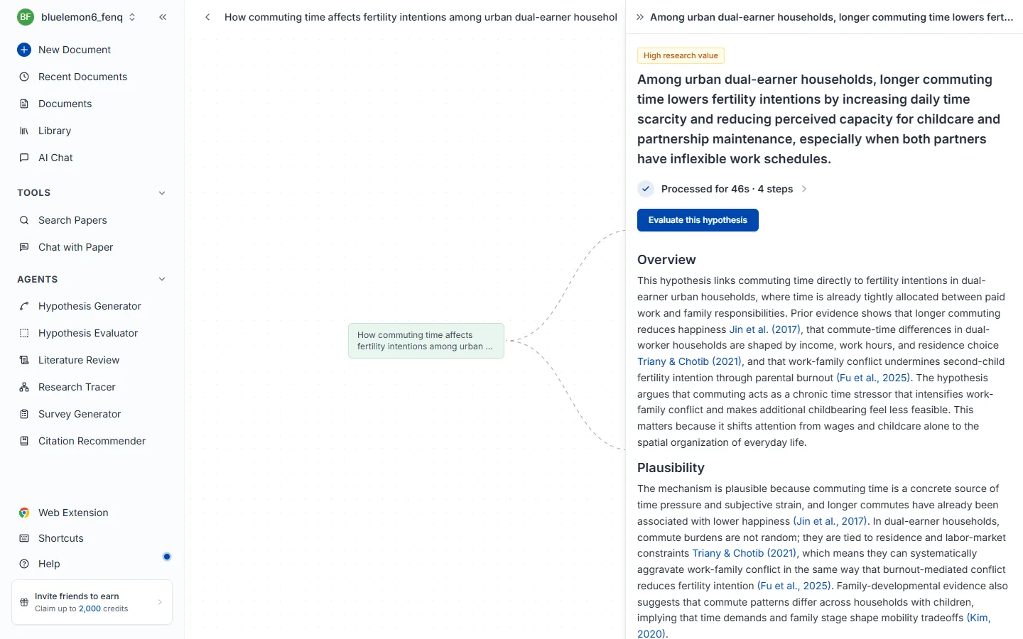 Hypothesis detail panel — overview, plausibility, novelty, feasibility, significance