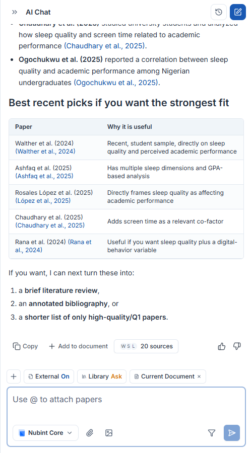 Chat answer with citations and a sources button