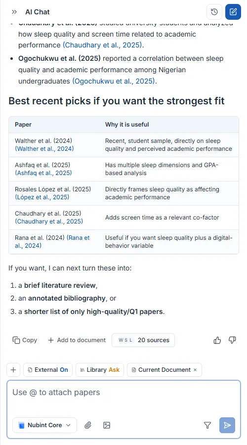 Chat answer with citations and a sources button