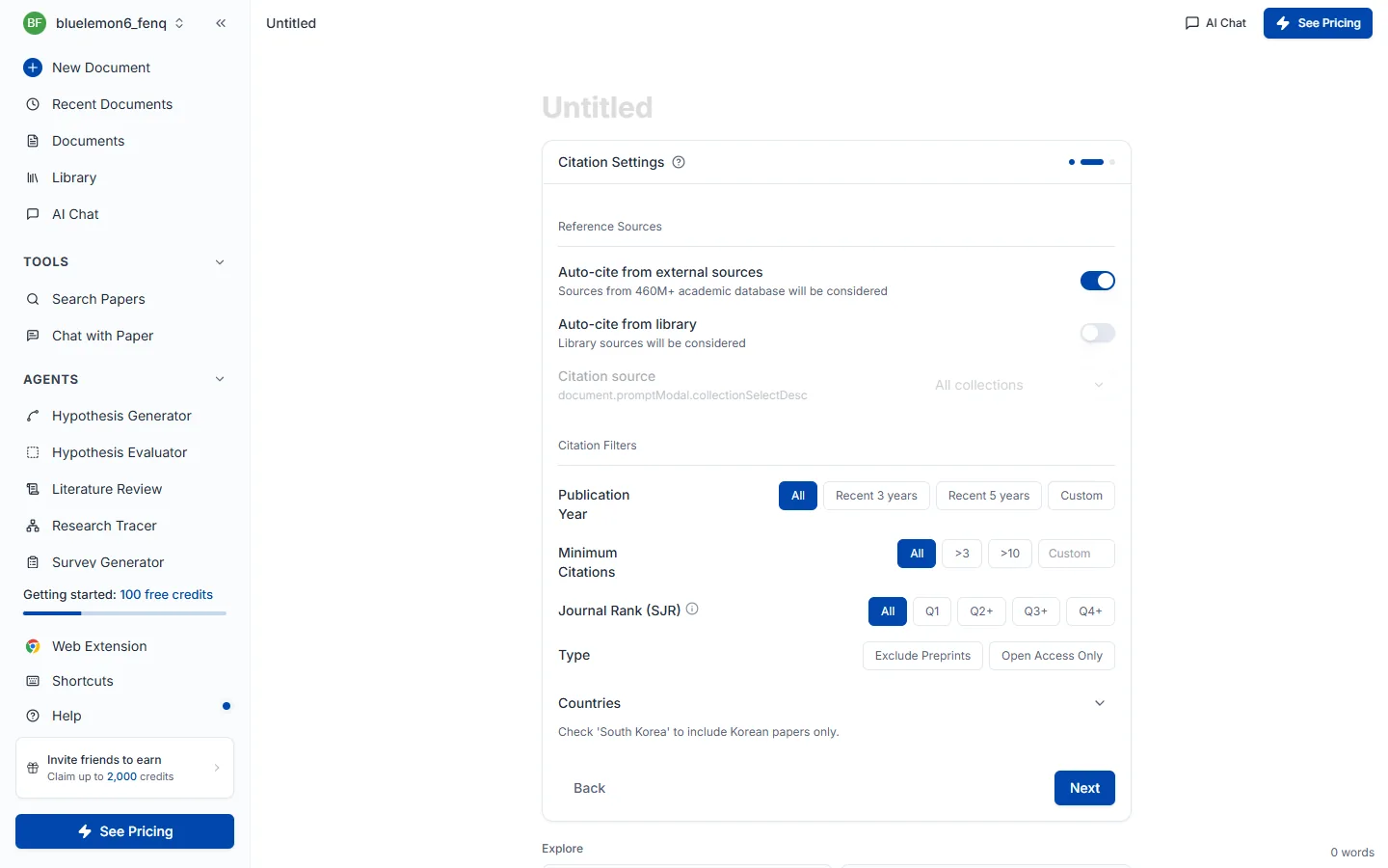 Step 2, citation settings