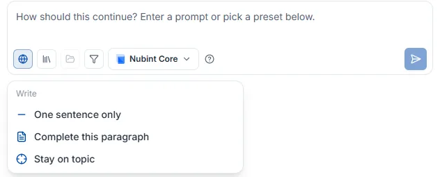 AI autocomplete input — instruction field, control row, preset menu