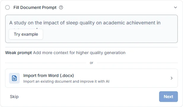 Word document import screen
