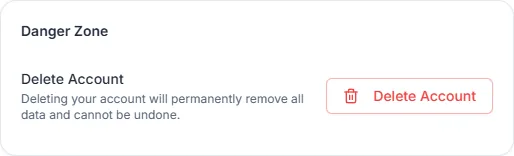 Delete account area in settings